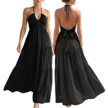 (Black, XX-Large) Rochie maxi de vară pentru femei, cu imprimeu boho și halter, cu papion și imprimeu floral, model plajă