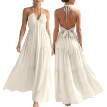 (Off-white, Medium) Rochie maxi de vară pentru femei, cu imprimeu boho și halter, cu papion și imprimeu floral, model plajă