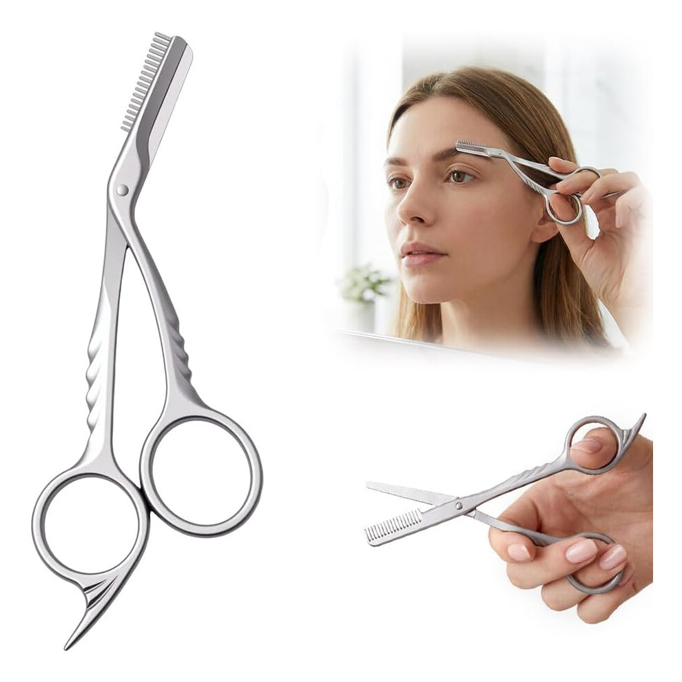 Oimg (Silver, -) Stainless Steel Eyebrow Trimmer Scissor With Comb, Precision