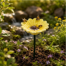 (XS-Sunflower-Yellow, -) 6 bucăți hrănitoare ceramică pentru păsări cu flori și stație de apă, artă pentru grădină