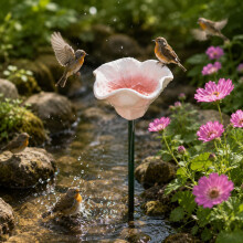(Lotus-LightPink, -) 6 bucăți hrănitoare ceramică pentru păsări cu flori și stație de apă, artă pentru grădină