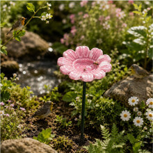 (S-Sunflower-Pink, -) 6 bucăți hrănitoare ceramică pentru păsări cu flori și stație de apă, artă pentru grădină