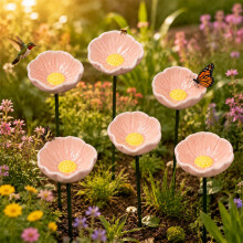 (6x Pink, -) 6 bucăți hrănitoare ceramică pentru păsări cu flori și stație de apă, artă pentru grădină