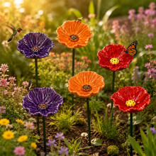 (2x (Purple + Orange + Red), -) 6 bucăți hrănitoare ceramică pentru păsări cu flori și stație de apă, artă pentru grădină
