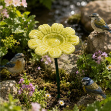 (S-Sunflower-Yellow, -) 6 bucăți hrănitoare ceramică pentru păsări cu flori și stație de apă, artă pentru grădină