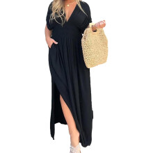 (Black, X-Large) 2024 Damen Maxi Kleid, Schlitz, V-Ausschnitt, Bohemian, Aprikose, 2XL, Lang, Lässig, Sommer