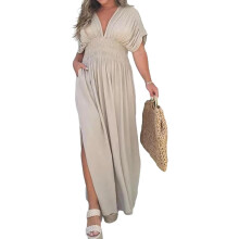 (Apricot, Large) 2024 Damen Maxi Kleid, Schlitz, V-Ausschnitt, Bohemian, Aprikose, 2XL, Lang, Lässig, Sommer
