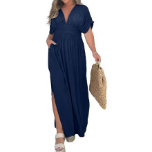(Blue, Large) 2024 Damen Maxi Kleid, Schlitz, V-Ausschnitt, Bohemian, Aprikose, 2XL, Lang, Lässig, Sommer