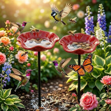 (2PC Red, -) Ceramic Bee Watering Station, Handmade Flower Garden Stakes