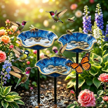 (3PC Blue, -) Ceramic Bee Watering Station, Handmade Flower Garden Stakes