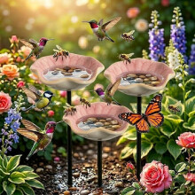 (3PC Pink, -) Ceramic Bee Watering Station, Handmade Flower Garden Stakes