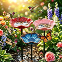 (3PC Mix, -) Ceramic Bee Watering Station, Handmade Flower Garden Stakes