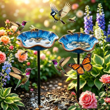 (2pc Blue, -) Ceramic Bee Watering Station, Handmade Flower Garden Stakes