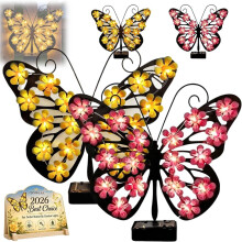(2pc Pink+Yellow, -) Solar Butterfly Metal Wall Decor, Waterproof LED Garden Light