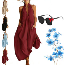(Red, Small) 2026 Minimalist Träger Maxi Kleid, Casual, Loose Fit, Taschen, Damen, Sommer, Kleid, Freizeit