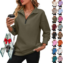 (Army Green, Small) 2026 Damen Half Zip Sweatshirt, V-Ausschnitt, Collar, Loose Fit, Zip, Kapuzenpullover, Mode