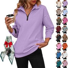 (Purple, Large) 2026 Damen Half Zip Sweatshirt, V-Ausschnitt, Collar, Loose Fit, Zip, Kapuzenpullover, Mode