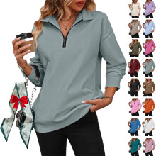 (Gray Green, X-Large) Dámská mikina s poloviční zipem 2026, volný střih, výstřih do V