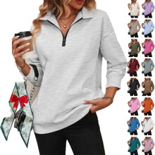 (Flower Gray, X-Large) 2026 Damen Half Zip Sweatshirt, V-Ausschnitt, Collar, Loose Fit, Zip, Kapuzenpullover, Mode