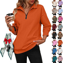 (Orange, Large) 2026 Damen Half Zip Sweatshirt, V-Ausschnitt, Collar, Loose Fit, Zip, Kapuzenpullover, Mode