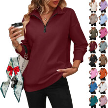 (Claret, Medium) 2026 Damen Half Zip Sweatshirt, V-Ausschnitt, Collar, Loose Fit, Zip, Kapuzenpullover, Mode