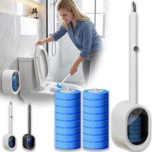 (White+16pcs Brush Heads, -) Baghetă de curățat vasul de toaletă de unică folosință, cu 16 laveți