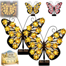(2pc Yellow, -) Solar Butterfly Metal Wall Decor, Waterproof LED Garden Light