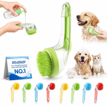 (Green-Fine Teeth, -) 2-in-1 Pet Bath & Grooming Brush, Shampoo Dispenser Scrubber