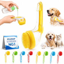 (Yellow-Fine Teeth, -) 2-in-1 Pet Bath & Grooming Brush, Shampoo Dispenser Scrubber