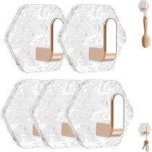 (Gold-5PCS, -) Water Ripple Hexagonal Self Adhesive Hooks, Gold 5PCS