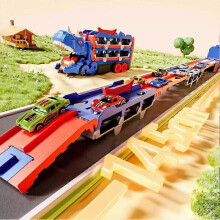 (Blue) 3 in 1 Dinosaur Transport Truck Folding Dual Race Track with 12 Die-Cast Cars Lights Sounds Toy for Kids Ages 3-6