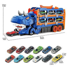 (Green) 3 in 1 Dinosaur Transport Truck Folding Dual Race Track with 12 Die-Cast Cars Lights Sounds Toy for Kids Ages 3-6