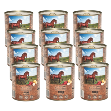 Cibo umido per cani O'CANIS al gusto di carne di cavallo con patate, 12 confezioni da 800 g.