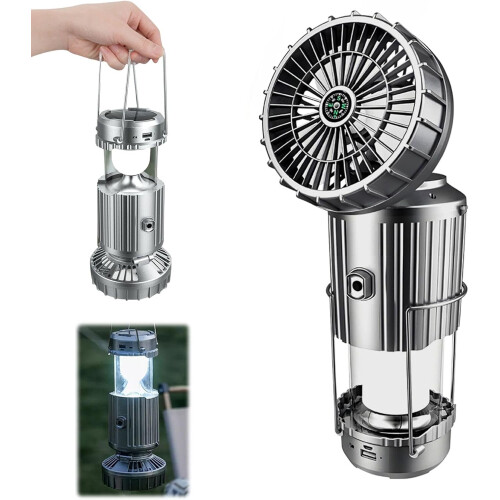 (Silver, -) 2026 3 in 1 Camping Fan Light, Solar Lantern Flashlight