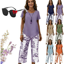 (Purple, 3X-Large) Dvoudílný volný outfit na doma, splývavé kalhoty se širokými nohavicemi