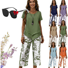 (Green, 4X-Large) Dvoudílný volný outfit na doma, splývavé kalhoty se širokými nohavicemi