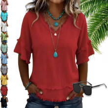 (Red, 3X-Large) Damen Vintage Patchwork Hemd, Baumwolle, Leinen, Kurzarm, Casual, Alltag, Mode, Bluse, Shirt, Kunst