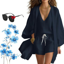(Navy, Medium) Set de 3 piezas de cardigan y pantalones cortos, para mujer