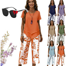 (Orange, XX-Large) Damen 2-teiliges Set, Tunika, Hose, Weit, Loose, Lounge, Outfit, Flowy, Sommer, Freizeit, Basic
