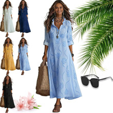 (Light Blue, Small) Boho květinové maxi šaty, výstřih do V s volány na dovolenou