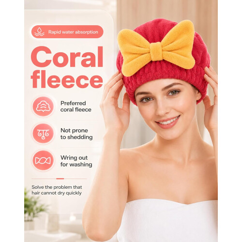 (Red, -) Koraalfluweel Douchemuts - Microvezel Haarhanddoek 1