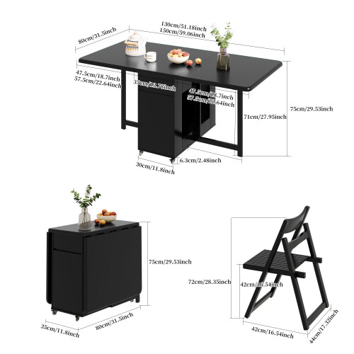 130cm Black Solid Wood Folding Dining Table 2