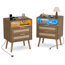 BonVache Bedside Tables Set of 2, Adjustable Lighting, Nightstand with LED Lights and Charging Station, Open Compartment and 2 Rattan Drawers, Solid W