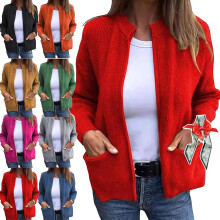 (Red, Medium) Dámská pletená bunda s kulatým výstřihem a zipem, lehká