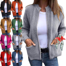 (Gray, XX-Large) Jachetă tricotată cu fermoar și guler rotund pentru femei, ușoară