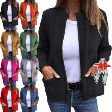 (Black, 4X-Large) Jachetă tricotată cu fermoar și guler rotund pentru femei, ușoară