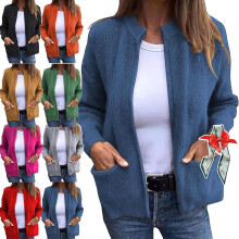 (Navy Blue, 3X-Large) Jachetă tricotată cu fermoar și guler rotund pentru femei, ușoară