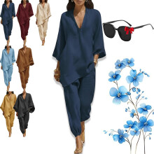 (Navy, Small) Set casual cu decolteu în V, mâneci lejere, model liliac, confort estival