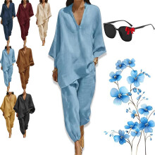 (Blue, X-Small) Set casual cu decolteu în V, mâneci lejere, model liliac, confort estival