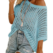 (Light Blue, Large) Bluză tricotată pentru femei, model croșetat, cu scobituri, model de plajă